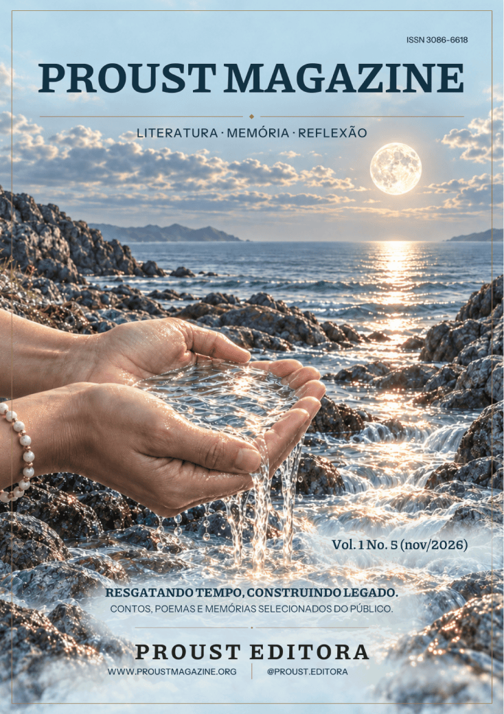 Capa da Proust Magazine — Vol. 1 No. 5 (nov/2026): mãos acolhem água diante do mar e da lua, em tons de azul-claro, com título em azul-escuro e moldura dourada.