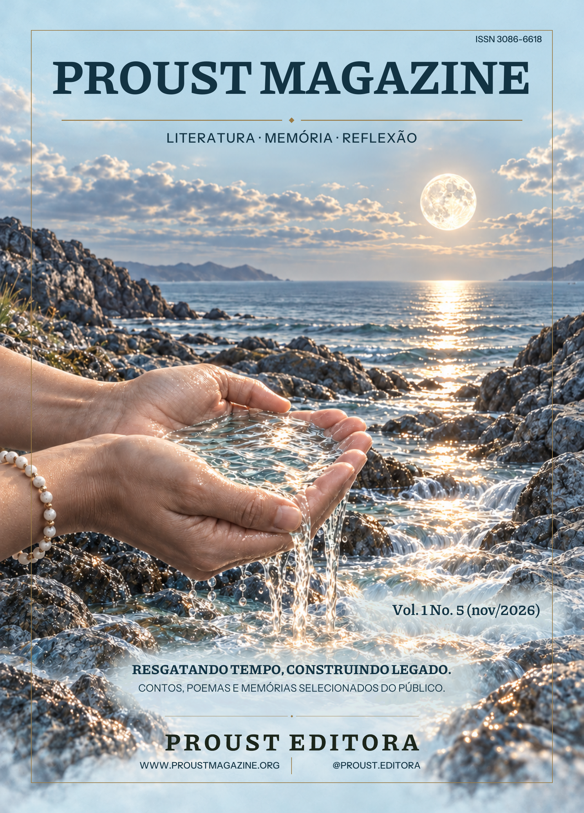 Capa azul-clara da quinta edição da Proust Magazine: mãos com um fio de contas seguram água que escorre por pedras em direção ao mar, sob uma lua cheia. Título em azul escuro e moldura dourada.